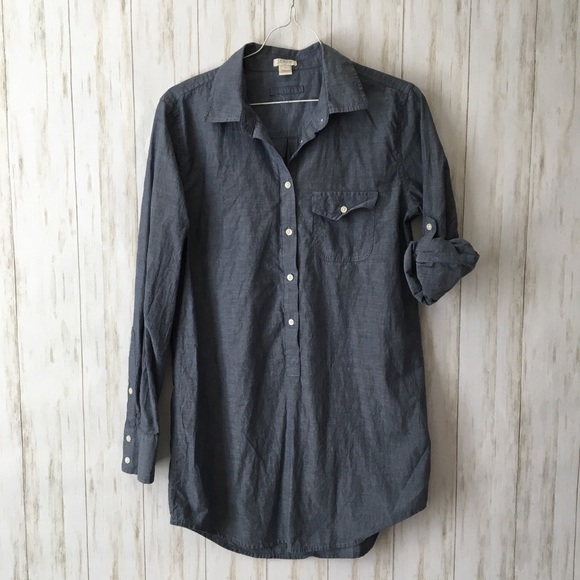 j. crew Chambray Blue Popover Roll Slvs Tunic Top - Picture 2 of 8